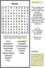House themed zigzag word search puzzle (suitable both for kids and adults). Answer included.
