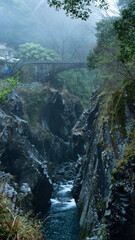 霧がかった渓谷と橋