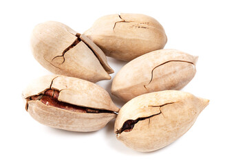 several unshelled pecan nuts closeup on white