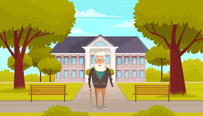 Old man grandfather with gray hair and beard standing with cane near nursing home in beautiful green garden. Elderly male character in city park near two-storey austere building. Retired grandparents