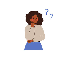 Black businesswoman thinks about something and looks at question marks. Thoughtful African girl makes the decision or explains some things for herself. Vector illustration