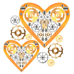 Lovers ' hearts in steampunk style, watercolor on white background, valentine's day