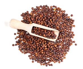 top view of scoop on pile of red Kampot pepper