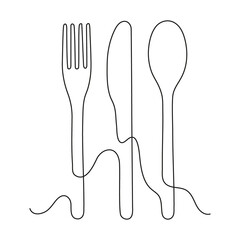 Fork, knife and spoon for food, continuous outline. Cutlery for lanch, dish. Sketch for menu cafe or restaurant. Vector sign illustration