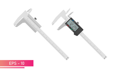 Measuring instruments, manual and digital vernier calipers. Realistic design. On a white background. Tools for the specialist. Flat vector illustration.