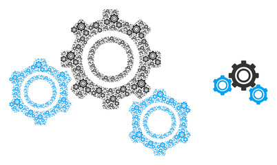 Gears icon fractal is formed from scattered fractal gears pictograms. Fractal vector collage of gears elements.