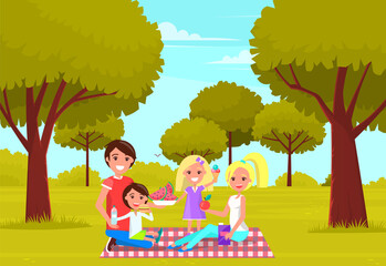 Picnic in forest or park in spring. Happy family with fresh fruits and ice cream. Group of people drinking and eating food outdoors. Parents with children having fun and relaxing in nature summertime