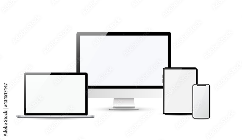 Poster devices in realistic trendy design on transparent background. set of computer laptop tablet and smar