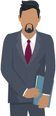 Confident businessman in office outfit. Avatar man in dark suit and tie isolated on white standing with his arms crossed. Serious business person vector male character, chief in half height icon