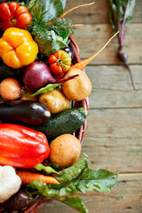 Assortment of fresh vegetables in a basket, bio healthy, organic food