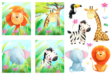 Naklejka premium African safari animals big collection in the wild nature and isolated clipart . Colorful jungle wildlife poster or greeting cards collection for kids, vector cartoon in watercolor style.