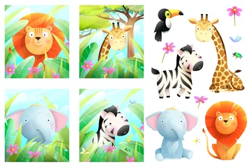  African safari animals big collection in the wild nature and isolated clipart . Colorful jungle wildlife poster or greeting cards collection for kids, vector cartoon in watercolor style. © Popmarleo
