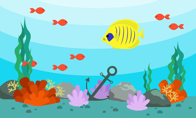 Cartoon underwater sea landscape with fishes and seaweed. Vector background