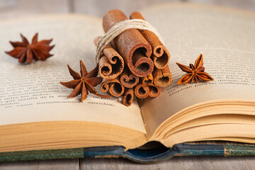 Cinnamon stick bundle and star anise on a book