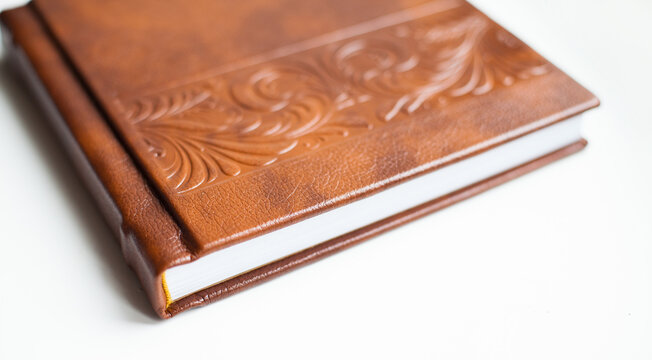 Elegant brown book with beautiful pattern. Wedding photobook. Wedding photo album. White background