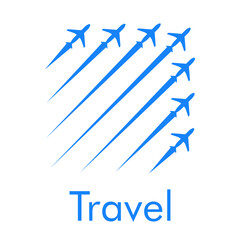 Logotipo con texto Travel y grupo de aviones con trayectoria con forma de flecha en color azul