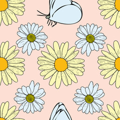Vector pastel pink peach background daisy flowers, wild flowers and butterflies, insects. Seamless pattern background