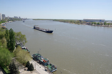Obraz premium View of the stadium,built for the World Cup 2018. On the Don river ships sail