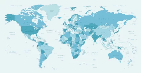 Gordijnen Wereldkaart. Zeer gedetailleerde kaart van de wereld met gedetailleerde grenzen van alle landen, steden, regio& 39 s en wateren in blauwe tinten. © gt29