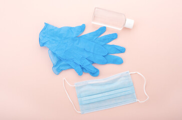 Personal protective equipment during a pandemic, gloves, sanitizer and mask.