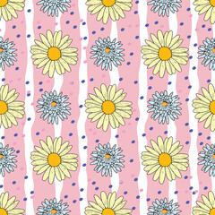 Vector pastel pink background daisy flowers, wild flowers and butterflies, insects. Seamless pattern background