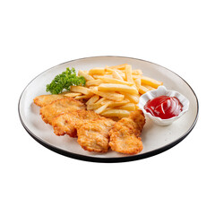 Isolated plate of fish and chips with ketchup on white background