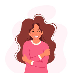 Love yourself. Woman hugging herself. Vector illustration