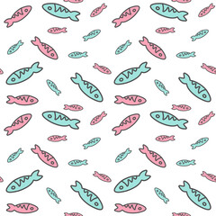 Seamless pattern with small colored fishes. Hand drawn style vector illustration, endless background. Cartoon style