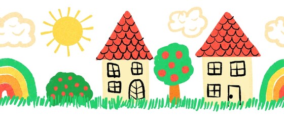Kids drawing border seamless. Cute hand drawn house, rainbow, tree, sun repeating horizontal pattern. Use for kids decor, children fabric trim, footer, header, divider.
