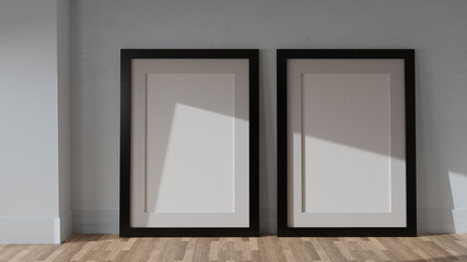 Two posters mockup, black wooden frame. 3D rendering - obrazy, fototapety, plakaty
