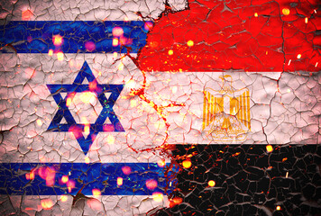 Grunge israel vs egypt national flags icon pattern isolated on broken cracked wall background,...