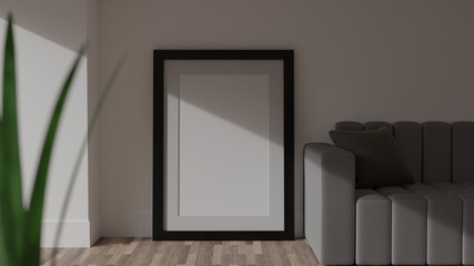 Poster mockup, black wooden frame. 3D rendering