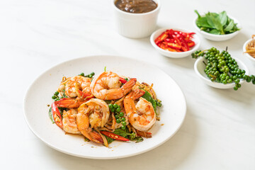 stir fried holy basil with shrimps and herb