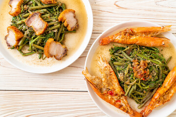  Stir-fried water mimosa with crispy pork belly and river prawns