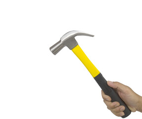 Man holds a hammer in his hand on a white background