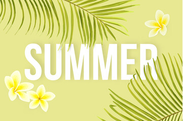 Fototapeta na wymiar Summer tropical vector design for banner or flyer with exotic palm leaves, flowers and typography.