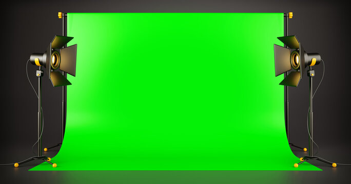 Green screen background TV studio with spotlights on stands for a movie and tv show filming. Professional Studio lighting equipment for the production of cinema. Empty space. 3d illustration.
