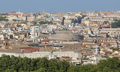 Obraz premium view of the city of ROME in Italy with houses palaces and monuments and the dome of the Pantheon temple