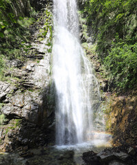 water of the waterfall in the middle of the lush forest