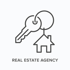 Real estate agency flat line icon. Vector outline illustration of key and house sign. Black thin linear pictogram for property sale and rental