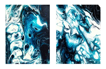 Set of liquid trendy background for banner, posters, coupons, business, invitations cards. Fluid abstract acrylic paintings. Pour art, acrylic pouring, cells technique. Blue, black, turquoise