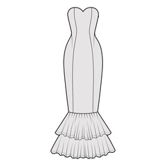 Dress mermaid technical fashion illustration with strapless sweetheart neckline, fitted body, floor maxi length circular skirt. Flat evening apparel front, grey color style. Women, men unisex mockup