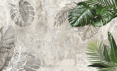 Tropical leaves on beige old concrete wall background. Material for advertising and creativity. Monstera Leaves. 3d illustration. Banner With Copy Space - obrazy, fototapety, plakaty
