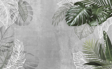Tropical leaves on grey cement background. Material for advertising and creativity. Monstera Leaves. 3d illustration. Banner With Copy Space - obrazy, fototapety, plakaty