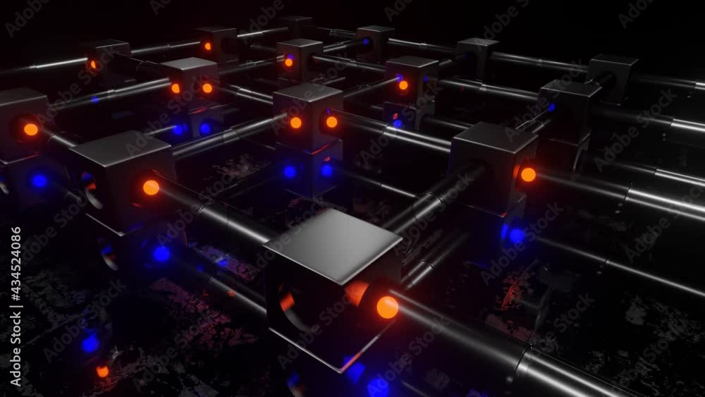 Poster glowing red and blue spheres fly through transparent pipes and metal cubes with holes. abstract thre