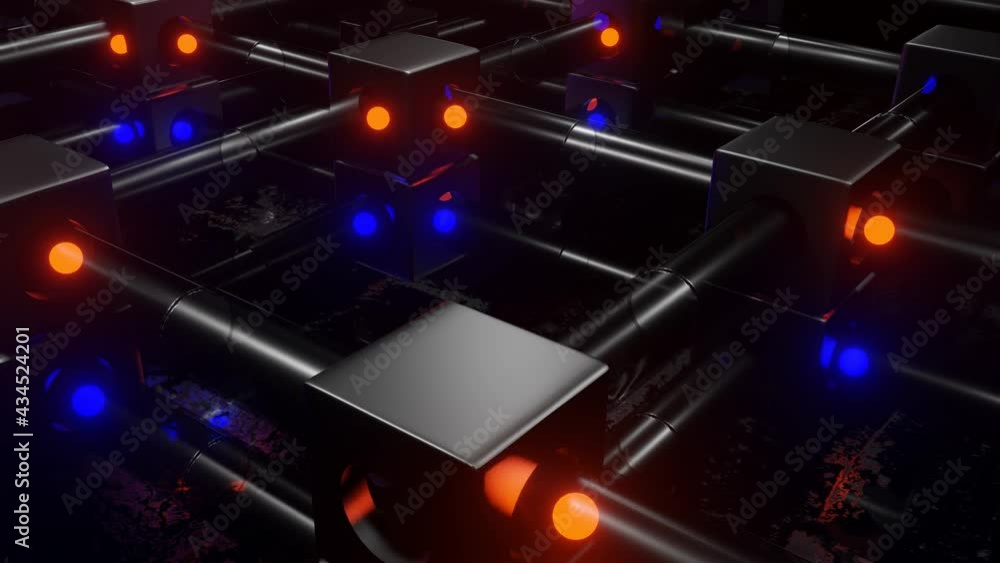 Poster glowing red and blue spheres fly through transparent pipes and metal cubes with holes. abstract thre