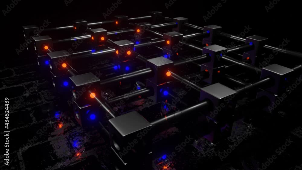 Poster glowing red and blue spheres fly through transparent pipes and metal cubes with holes. abstract thre