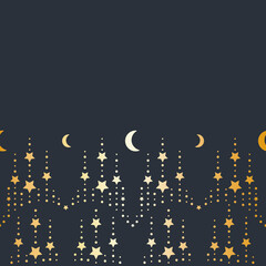 Vector Crescent Moon with Star Chains in Gold Border seamless pattern background. Perfect for fabric, scrapbooking and wallpaper projects.
