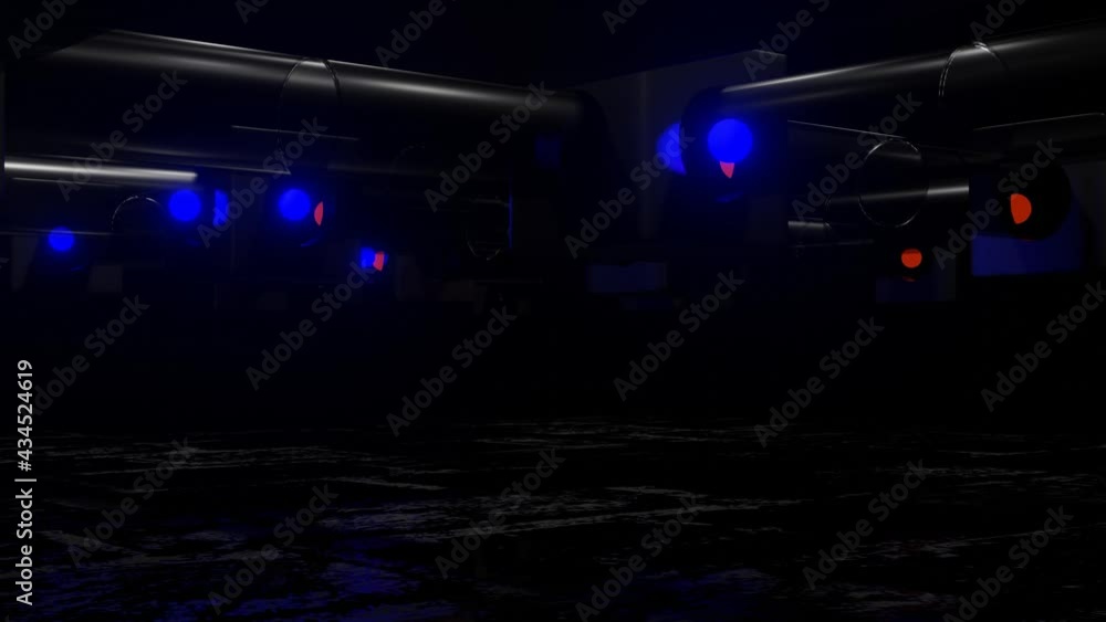 Poster glowing red and blue spheres fly through transparent pipes and metal cubes with holes. abstract thre