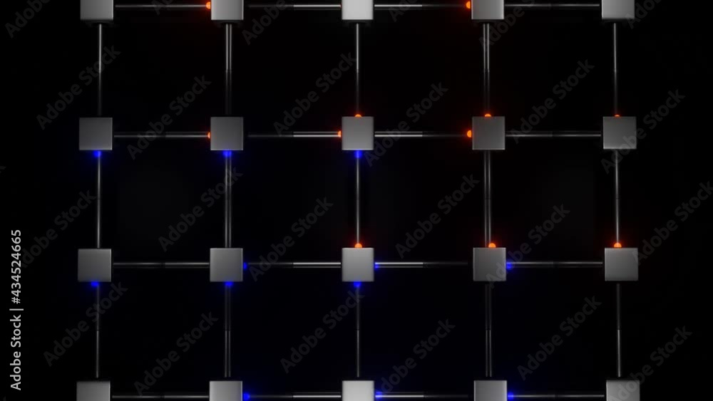 Poster glowing red and blue spheres fly through transparent pipes and metal cubes with holes. abstract thre